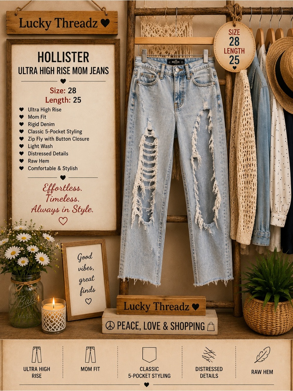 Hollister Distressed Ultra High Rise Mom Jeans — Light Blue - Picture 1 of 1